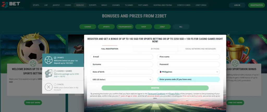 22bet casino registration guide