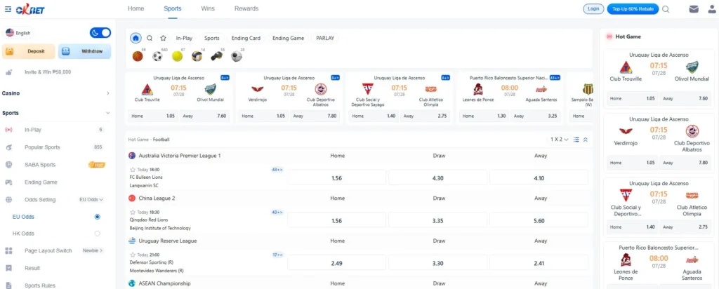 OKBet Philippines sportsbook betting interface